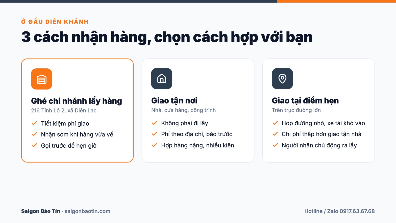3 cách nhận hàng tại Diên Khánh: ghé chi nhánh, giao tận nơi, giao tại điểm hẹn